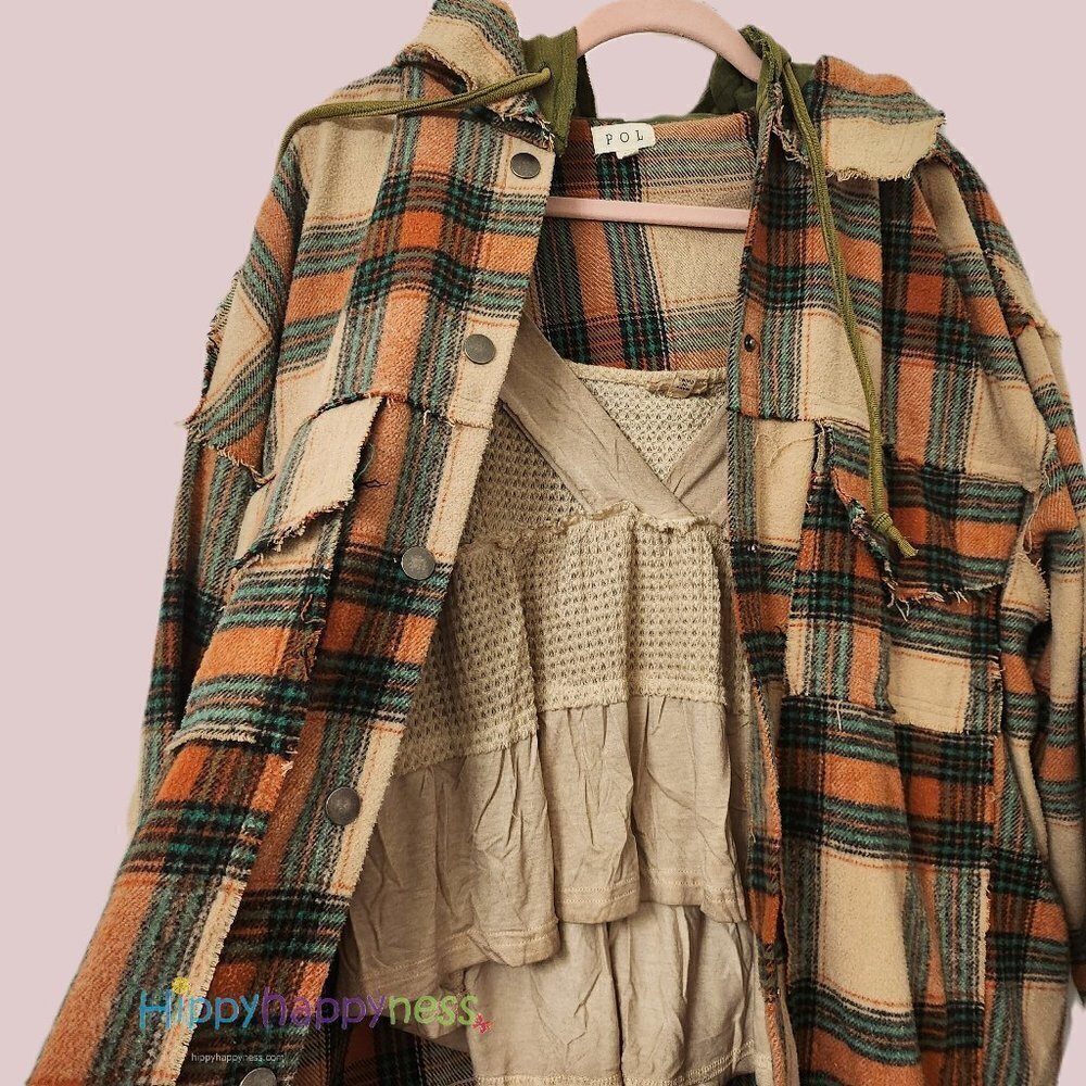New POL Shacket Jacket Oversized Plaid Hoodie Beige Orange Green NWT - Picture 7 of 8